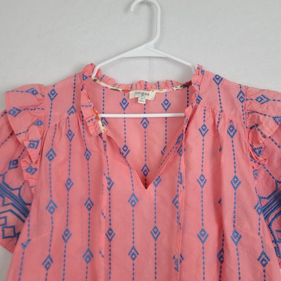 Umgee Coral and Navy V-Neck BOHO Blouse Size Medium - Picture 2 of 6
